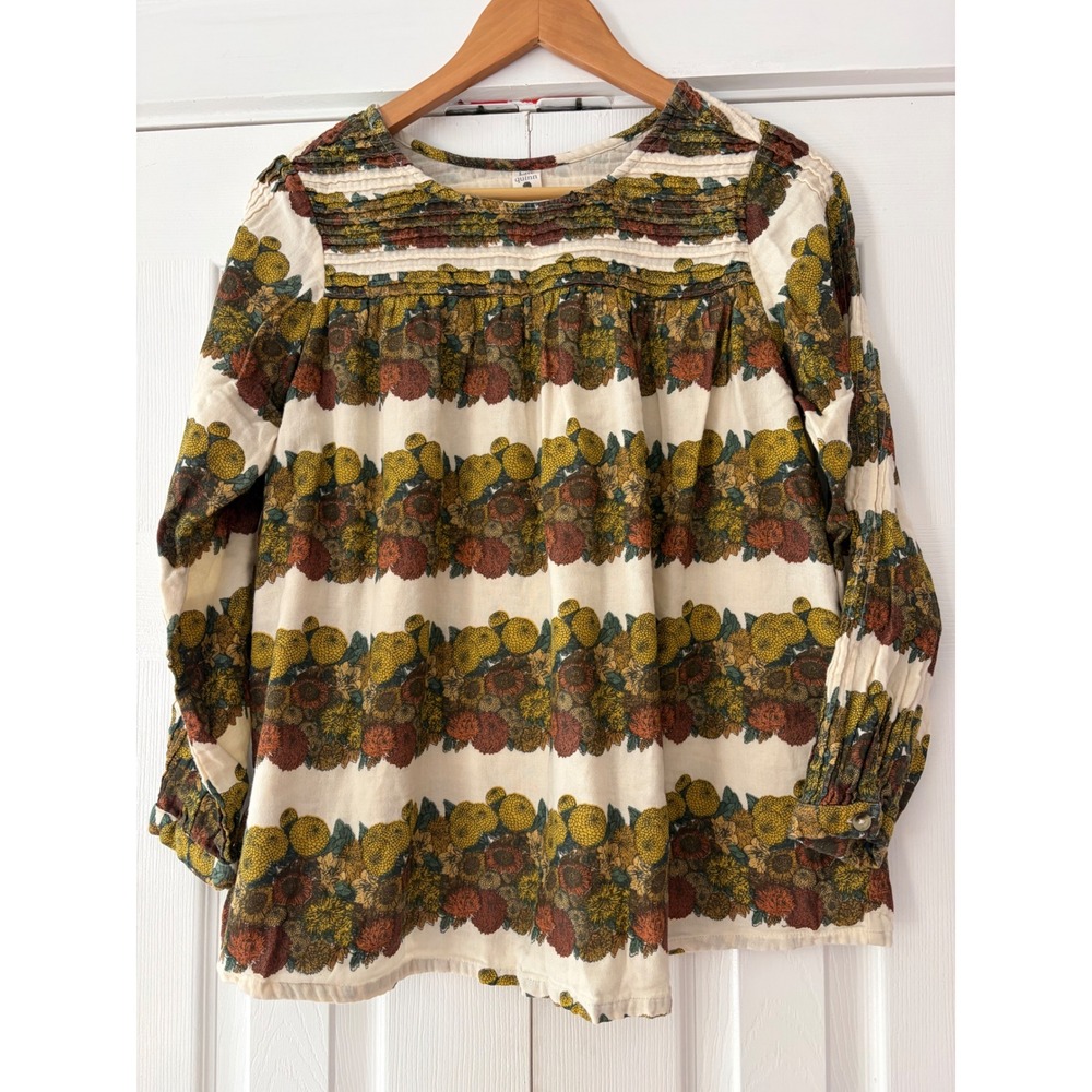 Kate Quinn Organic Cotton Floral Pintuck Blouse Small Mustard Rust Harvest Print